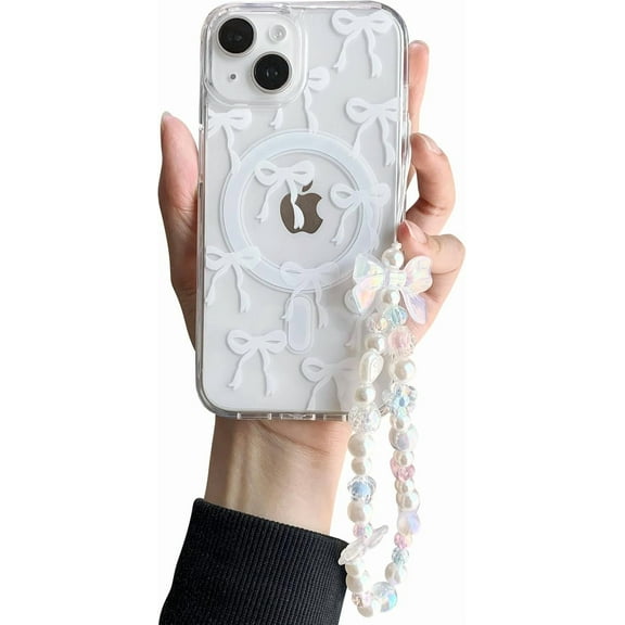 Compatible for iPhone 15 Plus Case, Clear Cute Bow Case Compatible with MagSafe, Ribbon Aesthetic Shockproof Protective Cover for Women Girl Glitter Bow Crystal Chain-White