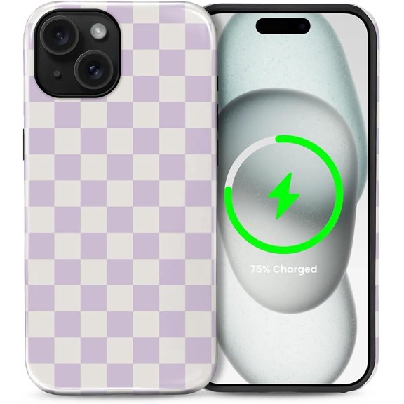 Compatible with iPhone 15 Plus Case, Compatible with MagSafe, Shockproof Soft TPU and Hard PC Protective Phone Case for Women Girls, Purple Checkerboard Checkered