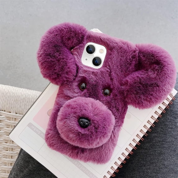 Compatible with iPhone 15 Plus Case Cute Cartoon Dog Plush Fluffy Case Girls 3D Kawaii Design Soft TPU Shockproof Cover Fuzzy Furry Winter Rabbit Hair Warm Case for Women Girls Girly Purple