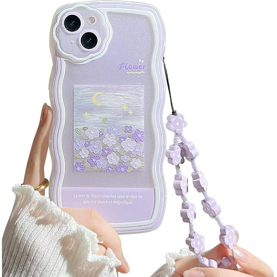 Compatible with iPhone 15 Plus Case with Cute Purple Flower Floral Pattern Design Aesthetic Women Teen Girls Flower Lens Protection Case for iPhone 15 Plus+Chain-Flower