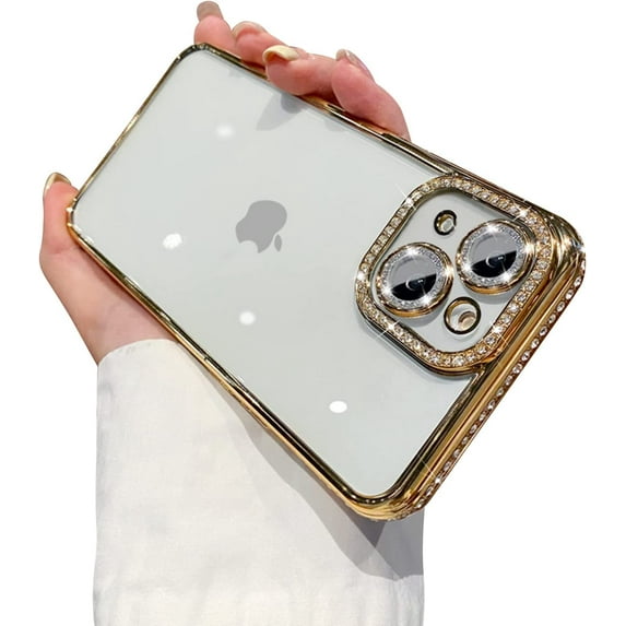 Compatible for iPhone 15 Plus Case with Glitter Diamond Camera Len Protector,Bling Clear Crystal Cute Phone Case Shockproof Sparkly for iPhone 15 Plus 6.7''-Gold