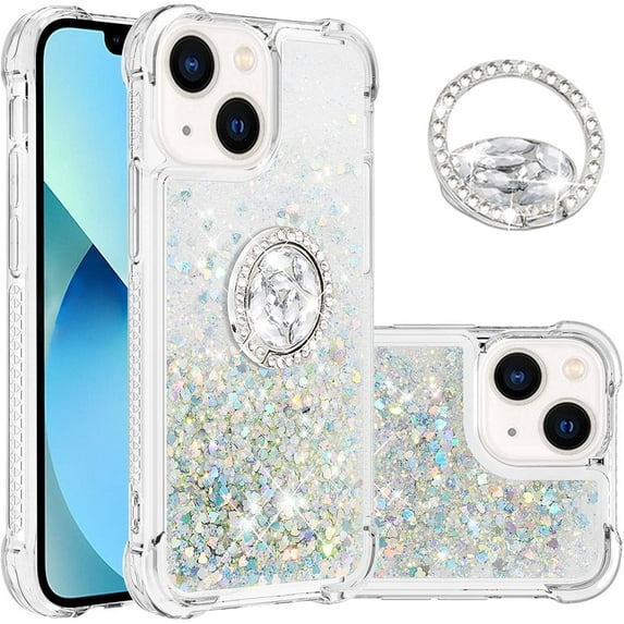 Compatible with iPhone 15 Plus Case Glitter Liquid Clear Bling Moving Floating Sparkle with Ring Holder Kickstand Soft TPU Girly Women Cute Phone Case for iPhone 15 Plus Sliver YBZ