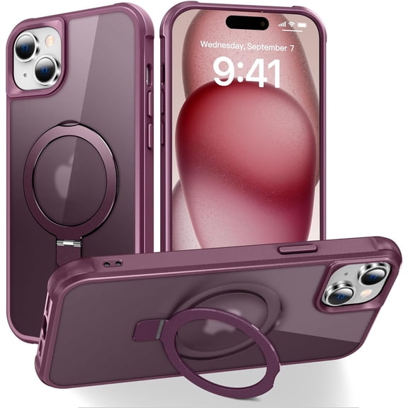 Compatible with iPhone 15 Plus Case with Invisible Magnetic O-Ring Stand -Grade Translucent Case for iPhone 15 Plus 6.7" [Compatible with MagSafe][Great Grip Feeling], Wine Red