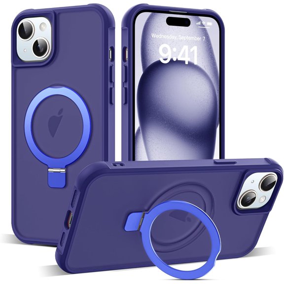 Compatible with iPhone 15 Plus Case with Invisible Magnetic O-Ring Stand Military-Grade Translucent Case for iPhone 15 Plus 6.7" [Compatible with Mag-Safe][Great Grip Feeling], Navy