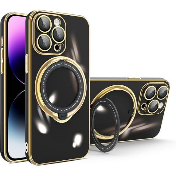 Compatible with iPhone 15 Plus Case with Invisible Ring Holder Kickstand, Compatible with Magsafe, Military Grade Slim Phone Cover Plating Magnetic Case Shockproof Protective Case Cover Black