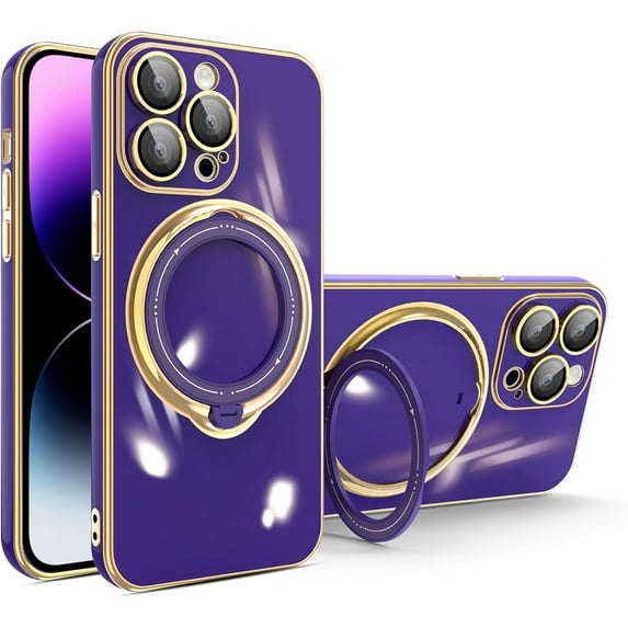 Compatible with iPhone 15 Plus Case with Invisible Ring Holder Kickstand, Compatible with Magsafe, Military Grade Slim Phone Cover Plating Magnetic Case Shockproof Protective Case Cover Purple