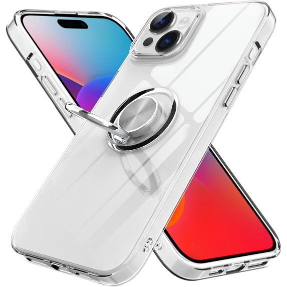 Compatible with iPhone 15 Plus Case Kickstand Car Mount Mental Ring Crystal Luxury Case Camera Protector + Screen Protector Clear Edge Cover Full Body Protection Case -Crystal