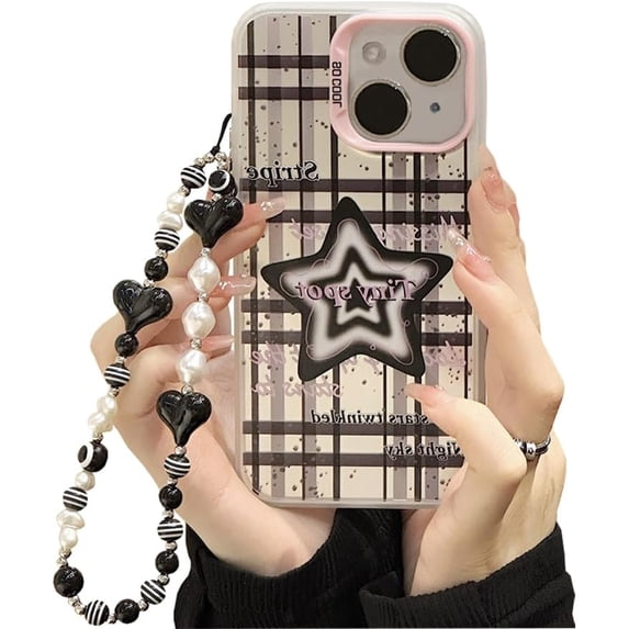 Compatible for iPhone 15 Plus Case with Phone Charm Chain,Pink Stars Checkered Stripe Matte Frosted Cute Phone Case for iPhone 15 Plus Women Girly Protective Case