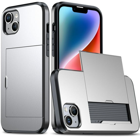 Compatible with iPhone 15 Plus Case, Wallet Cover Credit Card Holder Slot Sliding Back Pocket Anti-Scratch Dual Layer Protective Case Cover for iPhone 15 Plus, Silver