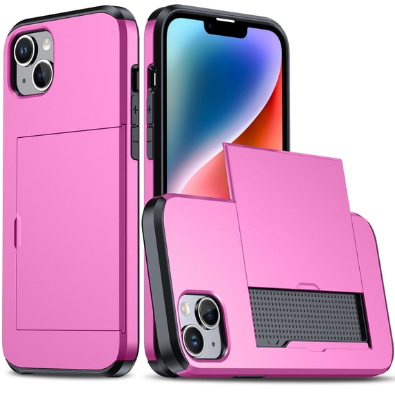 Compatible with iPhone 15 Plus Case, Wallet Cover Credit Card Holder Slot Sliding Back Pocket Anti-Scratch Dual Layer Protective Case Cover for iPhone 15 Plus, Pink