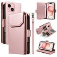 thumbnail image 1 of Compatible with iPhone 15 Plus Case Wallet with Strap RFID Blocking Card Holder, Multifunctional Wallet Purse Handbag Premium PU Leather Magnetic Flip Kickstand Phone Case,Rosegold, 1 of 11