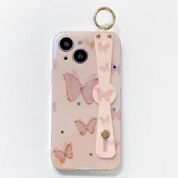Compatible with iPhone 15 Plus Case with Wrist Hand Strap Kickstand Holder Cute Bling Butterfly Crystal Diamonds Case for Women Girly Soft TPU Bumper Protective Glitter Phone Cover, Pink