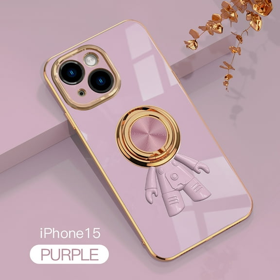 Compatible with iPhone 15 Plus Cute Case with 3D Astronaut 360 Ring Holder Hidden Kickstand Plating Camera Protection Cover Soft Silicone Bumper Phone Case for Women Men,Purple
