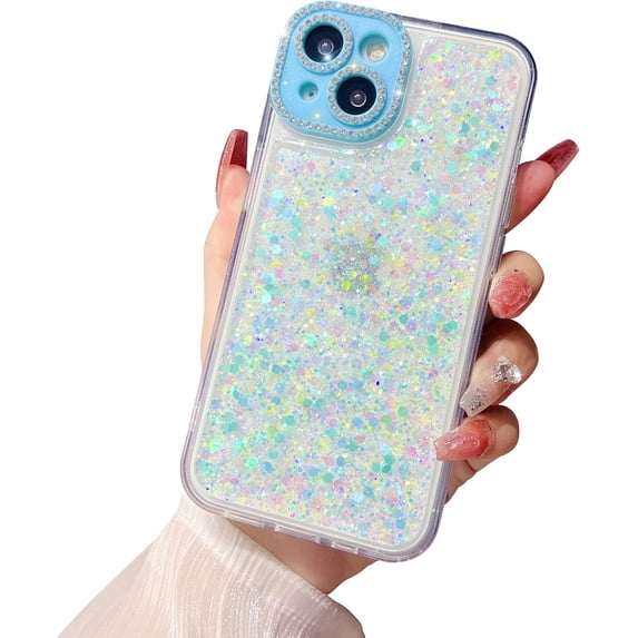 Compatible with iPhone 15 Plus Luminous Case Glow in The Dark Noctiluncent Fluorescent Glitter Case for Women Girls Rhinestone Bling Diamond Camera Bumper Shockproof Phone Cover, Blue