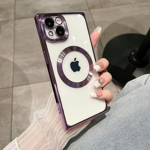 Compatible with iPhone 15 Plus Magnetic Clear Case, Luxury Plating Bling Transplant Shockproof MagSafe Case with Full Camera Lens Protector for iPhone 15 Plus Women Girl Men - Lightpurple