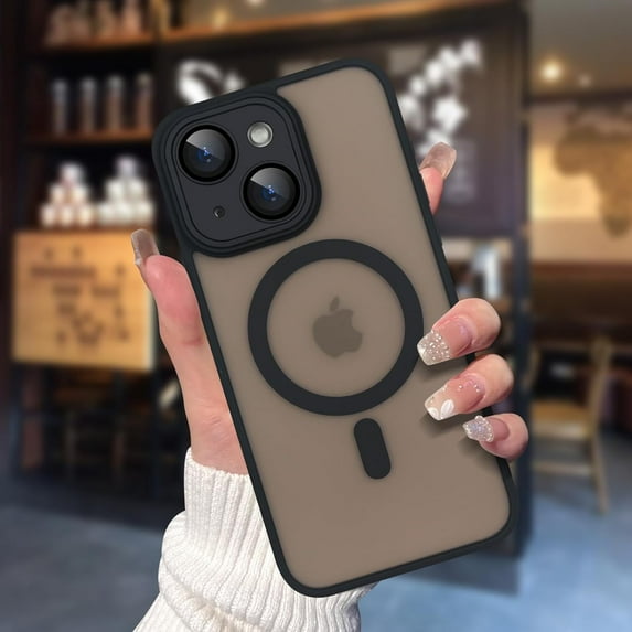 Compatible with iPhone 15 Plus Magnetic Frosted Case with Camera Lens Film Compatible with MagSafe Wireless Charging Case Men Women Translucent Matte Shockproof Phone Cover, Black