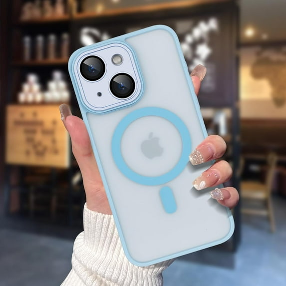 Compatible with iPhone 15 Plus Magnetic Frosted Case with Camera Lens Film Compatible with MagSafe Wireless Charging Case Men Women Translucent Matte Shockproof Phone Cover,Light Blue