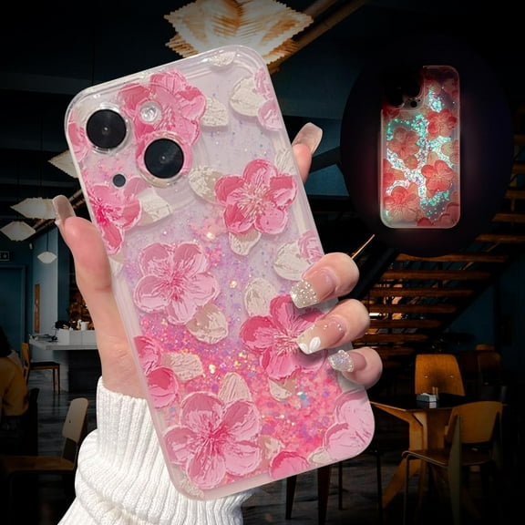 Compatible with iPhone 15 Plus Oil Painting Flower Case Glow in The DarkLiquid Fluorescent Floating Waterfall Floral Case Women Girly Light up Case Soft TPU Luminous Phone Cover,Pink