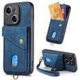 thumbnail image 1 of Compatible with iPhone 15 Plus PU Leather Back + TPU Frame Case, Card Slot Magnetic Snap with Removable Wrist Strap Support Magnetic Car Mount Kickstand Cover for iPhone 15 Plus, Blue, 1 of 10