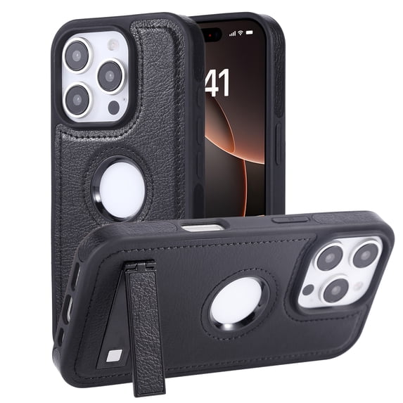 Compatible With iPhone 15 Plus Phone Case,With Retractable Invisible Kickstand,Logo View Designing,PU Leather Shockproof Rugged Anti-fall Heavy Duty Thin Fit Phone Case Cover,Black
