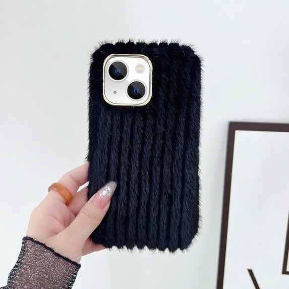 Compatible with iPhone 15 Plus Plush Case Stripe Pattern Fluffy Fuzzy Furry Warm Plush Phone Case Girly Women Girls Smooth Cozy Winter Soft TPU Warm Hair Fur Shockproof Phone Cover, Black