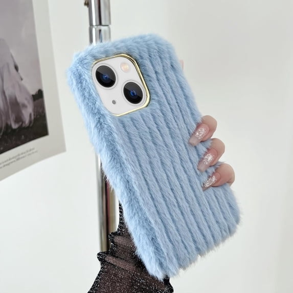 Compatible with iPhone 15 Plus Plush Case Stripe Pattern Fluffy Fuzzy Furry Warm Plush Phone Case Girly Women Girls Smooth Cozy Winter Soft TPU Warm Hair Fur Shockproof Phone Cover, Blue