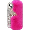 thumbnail image 1 of Compatible with iPhone 15 Plus Plush Furry Case with Luxury Bling Rhinestones for Women Girls Cute 3D Diamond Fox Cover Case Winter Warm Soft TPU Shockproof Protective Cover, Rose, 1 of 13