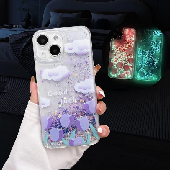 Compatible with iPhone 15 Plus Quicksand Light up Case Glow in The Dark Liquid Fluorescent Floating Waterfall Floral Tulip Case Women Girly Soft TPU Luminous Shockproof Phone Cover, Purple