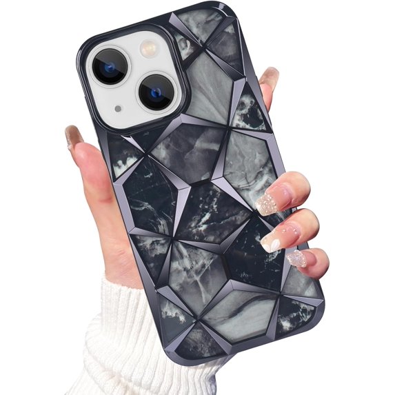 Compatible with iPhone 15 Plus Shiny Plating Marble Case with Detachable Glitter Paper for Women Men Fashion Luxury Electroplated Soft TPU Camera Protection Shockproof Phone Cover, Black