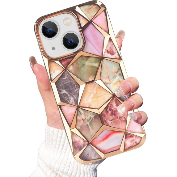 Compatible with iPhone 15 Plus Shiny Plating Marble Case with Detachable Glitter Paper for Women Men Fashion Luxury Electroplated Soft TPU Camera Protection Shockproof Phone Cover, Gold