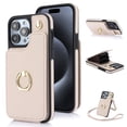 thumbnail image 1 of Compatible with iPhone 15 Plus Wallet Case with Card Holder, 360° Rotation Finger Ring Holder Kickstand Protective PU Leather Shoulder Strap Flip Case Cover for iPhone 15 Plus - Apricot, 1 of 7
