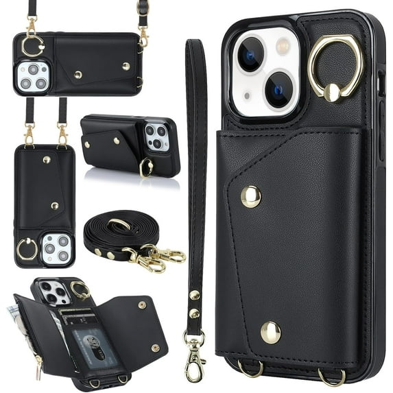 Compatible with iPhone 15 Plus Wallet Case with Card Holder Crossbody Neck Strap Lanyard Wrist Strap Purse for Women PU Leather Flip Case with Credit Card Kickstand Stand Case Black