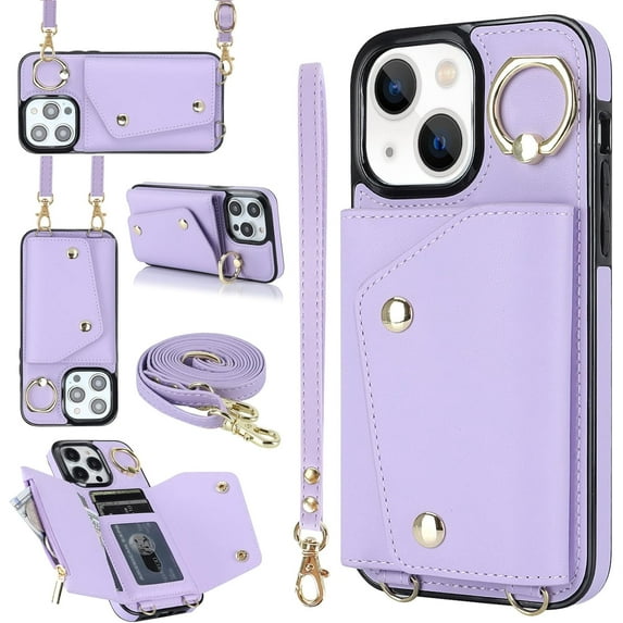 Compatible with iPhone 15 Plus Wallet Case with Card Holder Crossbody Neck Strap Lanyard Wrist Strap Purse for Women PU Leather Flip Case with Credit Card Kickstand Stand Case Purple