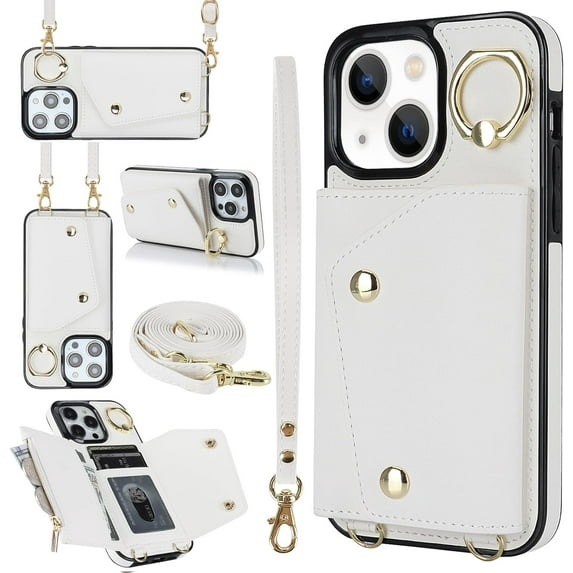 Compatible with iPhone 15 Plus Wallet Case with Card Holder Crossbody Neck Strap Lanyard Wrist Strap Purse for Women PU Leather Flip Case with Credit Card Kickstand Stand Case White