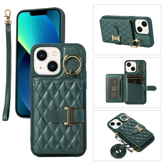 Compatible with iPhone 15 Plus Wallet Case, Crossbody PU Leather Detachable Adjustable Strap Wristlet with Card Holder Magnetic Clasp Kickstand Finger Ring Case for iPhone 15 Plus, Darkgreen