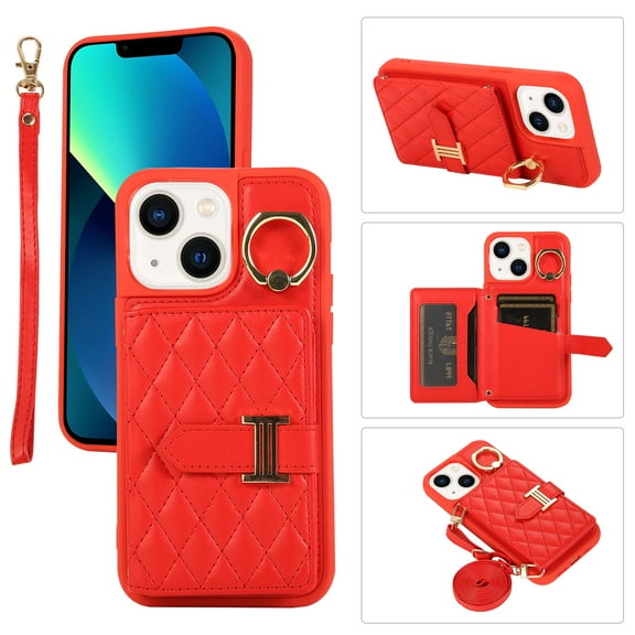 Compatible with iPhone 15 Plus Wallet Case, Crossbody PU Leather Detachable Adjustable Strap Wristlet with Card Holder Magnetic Clasp Kickstand Finger Ring Case for iPhone 15 Plus, Red