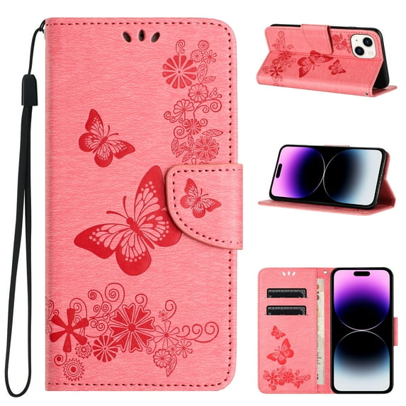 Compatible With iPhone 15 Plus Wallet Case Full Coverage 360° Protection Dustproof Card Pocket Kickstand Butterfly Pattern Shockproof Magnetic Closure Luxury Folio Phone Cover,Pink