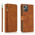 thumbnail image 1 of Compatible With iPhone 15 Plus Wallet Case Full Coverage Metal Zipper and Buttons Design Dual Layer Kickstand Card Pocket Slim & Lightweight Shockproof Wrist Strap Phone Case,Brown, 1 of 12
