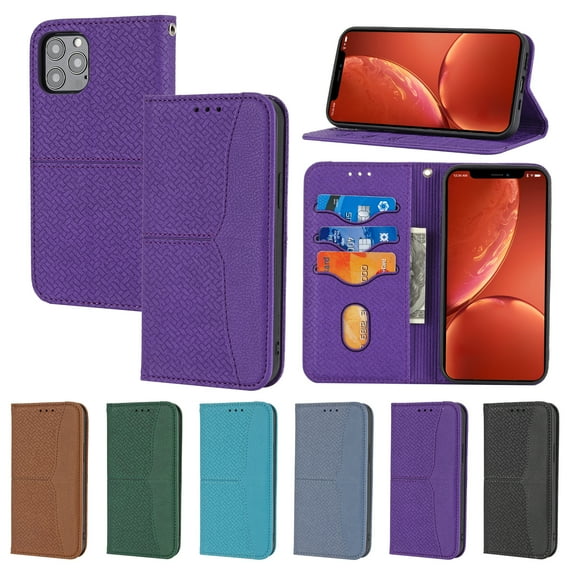 Compatible With iPhone 15 Plus Wallet Case Magnetic Closure Soft TPU Woven Pattern Design Multi-angle Kickstand Shock-absorbent Lightweight Solid Color Plain Phone Cover,Purple
