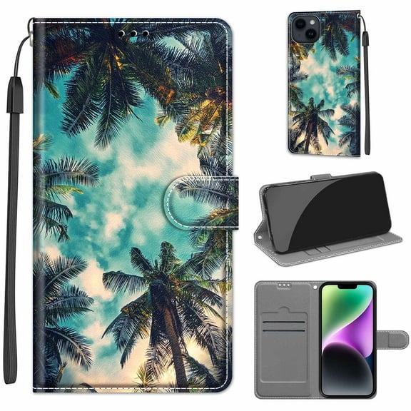 Compatible with iPhone 15 Plus Wallet Case for Men Women, Premium PU Leather Flip Cover with Card Holder, Wrist Strap, Kickstand Shockproof Magnetic Clasp Phone Case, Coconut Tree