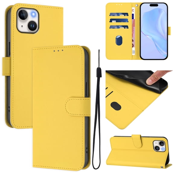 Compatible with iPhone 15 Plus Wallet Case with RFID Blocking Credit Card Holder, PU Leather Folio Flip Kickstand Protective Shockproof Anti-fall Phone Case Cover Women Men,Lemon