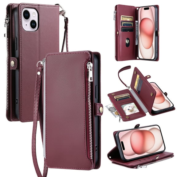 Compatible with iPhone 15 Plus Wallet Case [RFID Blocking] Crossbody Strap Case PU Leather Zipper Pocket with Wrist Lanyard Magnetic Flip Kickstand Credit Card Holder Phone Case,Winered