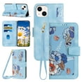 thumbnail image 1 of Compatible with iPhone 15 Plus Wallet Case for Women, Shoulder Strap + Wristband Premium PU Leather Floral Flip Cover with Card Holder Kickstand Feature Protective Purse Case, Blue, 1 of 8