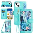 thumbnail image 1 of Compatible with iPhone 15 Plus Wallet Case for Women, Shoulder Strap + Wristband Premium PU Leather Floral Flip Cover with Card Holder Kickstand Feature Protective Purse Case, Green, 1 of 8