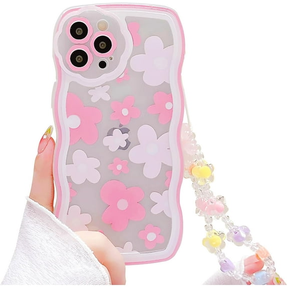 Compatible with iPhone 15 Plus case Cute Transparent Flower Pattern Mobile Phone case, Flower with Wrist Strap Design, Soft TPU Shock Protection, Suitable for Women and Teenage Girls.