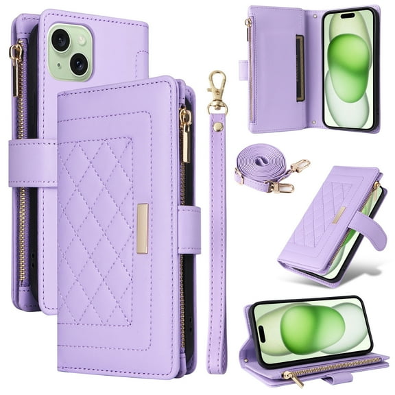 Compatible with iPhone 15 Plus case Wallet Crossbody & Wrist Strap with Card Holder Phone case RFID Blocking PU Leather Magnetic Closure Flip Stand Zipper Purse Shockproof Cover,Purple