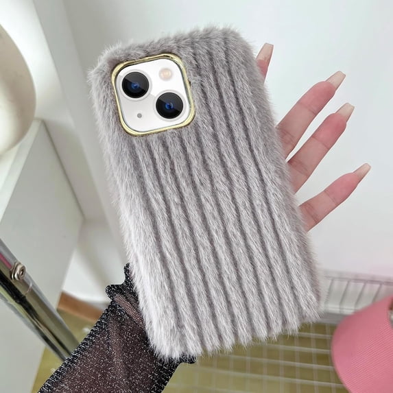 Compatible with iPhone 15 Plush Case Stripe Pattern Fluffy Fuzzy Furry Warm Plush Phone Case Girly Women Girls Smooth Cozy Winter Soft TPU Warm Hair Fur Shockproof Phone Cover, Khaki