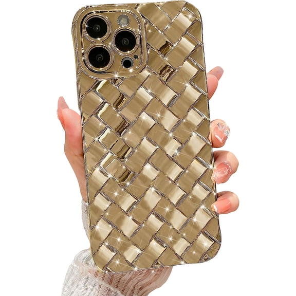 Compatible with iPhone 15 Pro 6.1 Inch, Fashion 3D Woven Pattern Plating Phone Case, Grid Printed case for Women Girls Soft Silicone Shockproof Camera Protective Back Cover-Gold