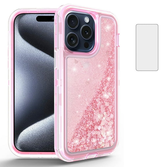 Compatible with iPhone 15 Pro 6.1 inch Phone Case Tempered Glass Screen Protector Bling Liquid Glitter Clear Hybrid Shockproof TPU Military Grade Protective Heavy Duty Cell Cover for i Phone15 Pink