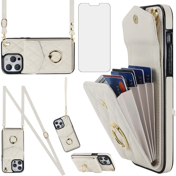 Compatible with iPhone 15 Pro 6.1 inch Wallet Case Screen Protector Wrist Strap Ring RFID Blocking Card Holder Cell Phone Cover for iPhone15Pro 5G i i-Phone i15 iPhone15 15Pro Women Off White